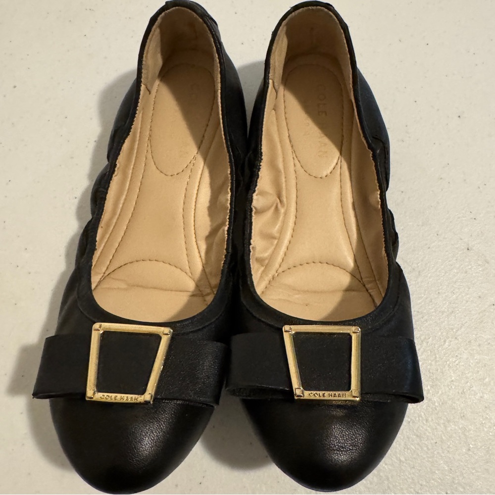 Cole Haan Black Leather Bow Ballet Flats with Gold Buckle